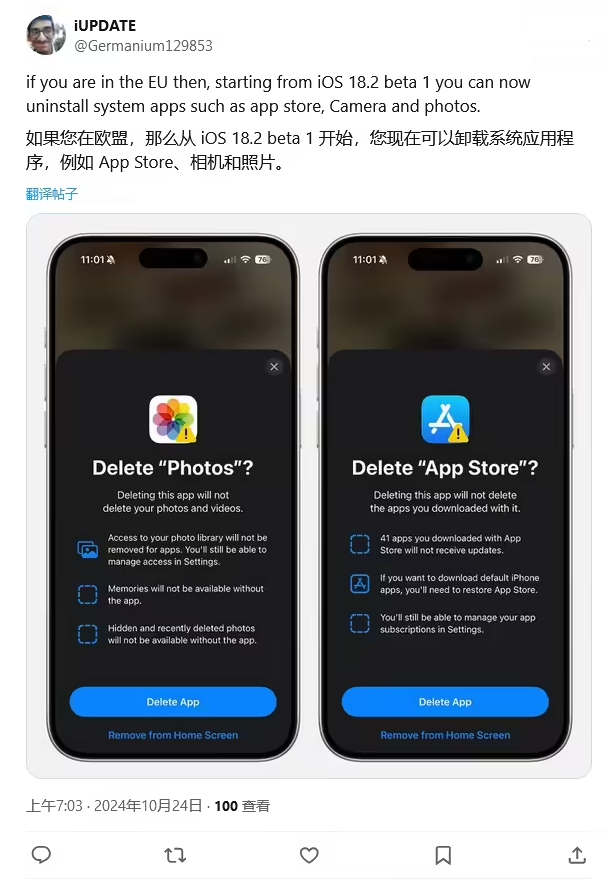 融水苹果手机维修分享iOS 18.2 支持删除 App Store 应用商店 