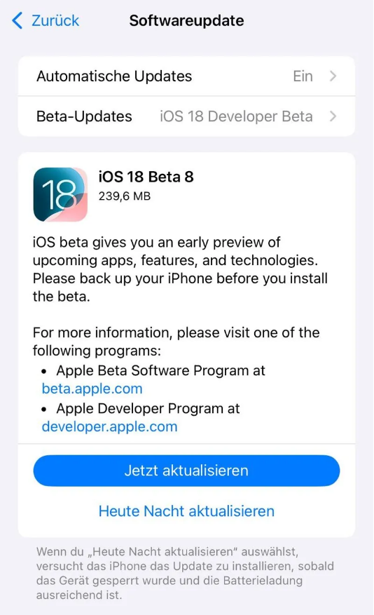 融水苹果手机维修分享苹果 iOS / iPadOS 18 开发者预览版 Beta 8 发布 